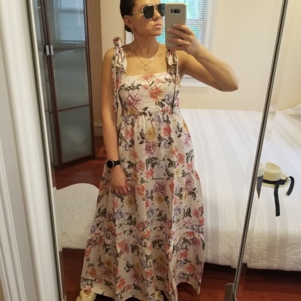 NWT House of Harlow 1960 Linen Blend Floral Tie Strap Maxi Dress, size S
